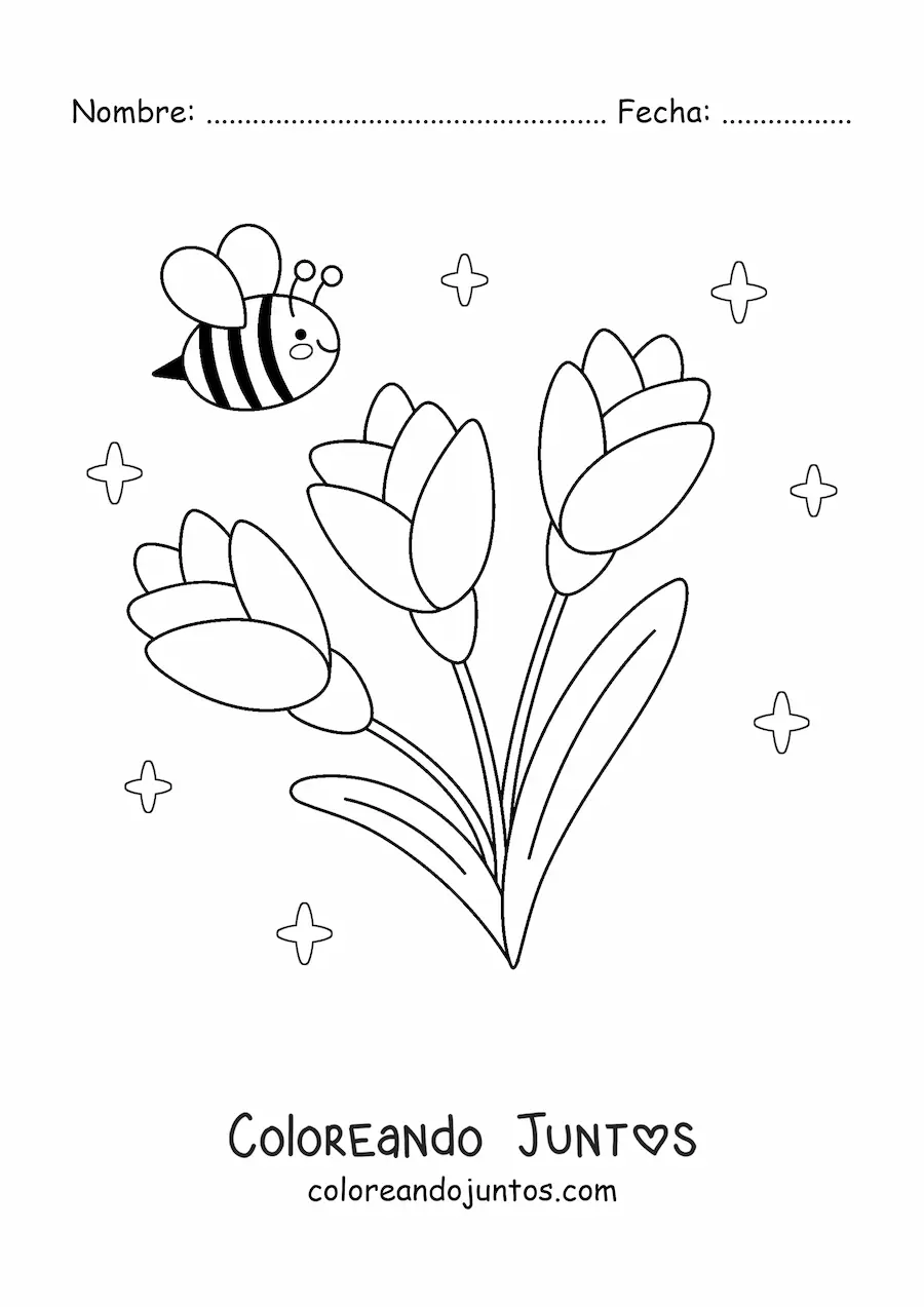 Imagen para colorear de abeja kawaii con flores grandes