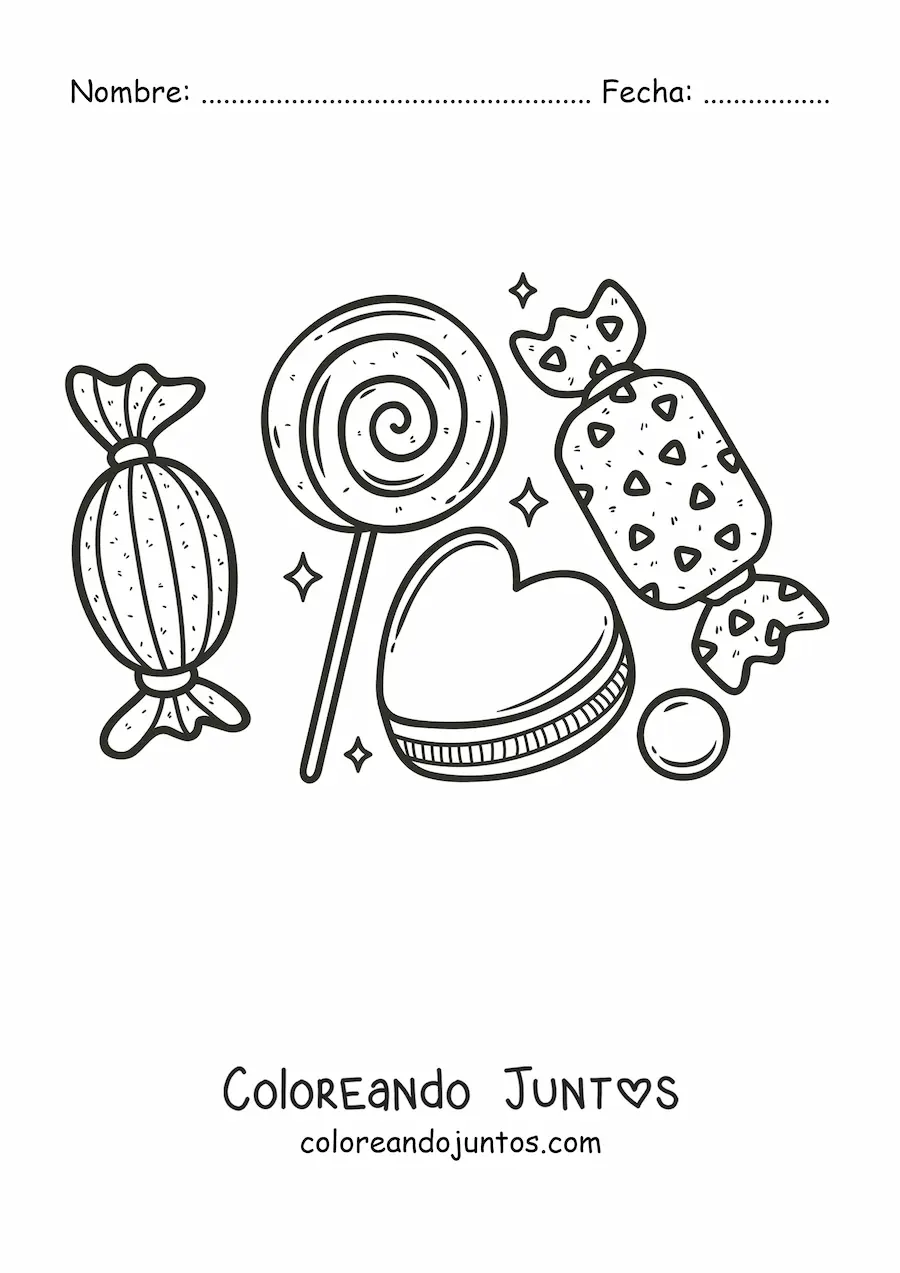 Imagen para colorear de una paleta, una galleta con forma de corazon y caramelos alrededor
