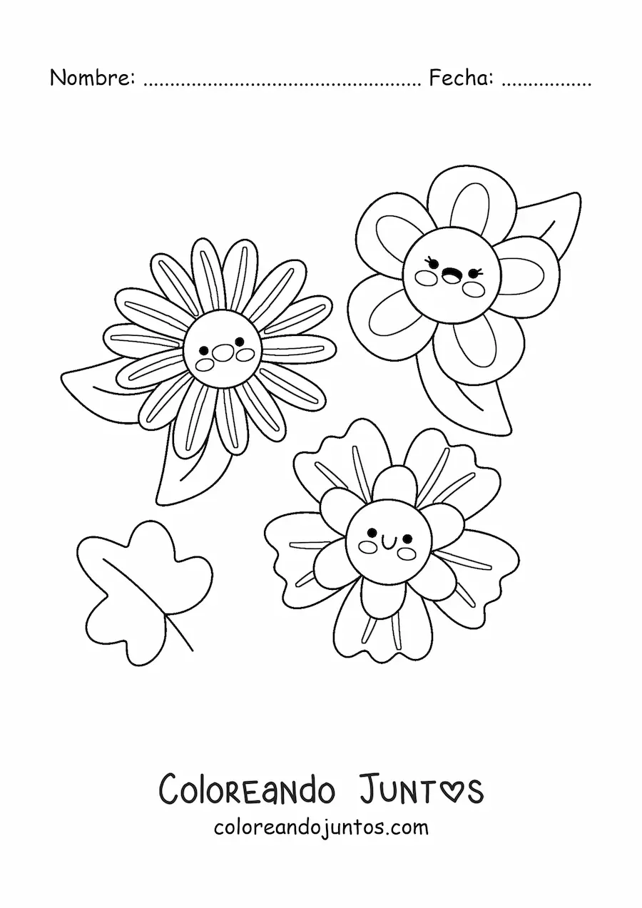 Imagen para colorear de 3 flores kawaii grandes