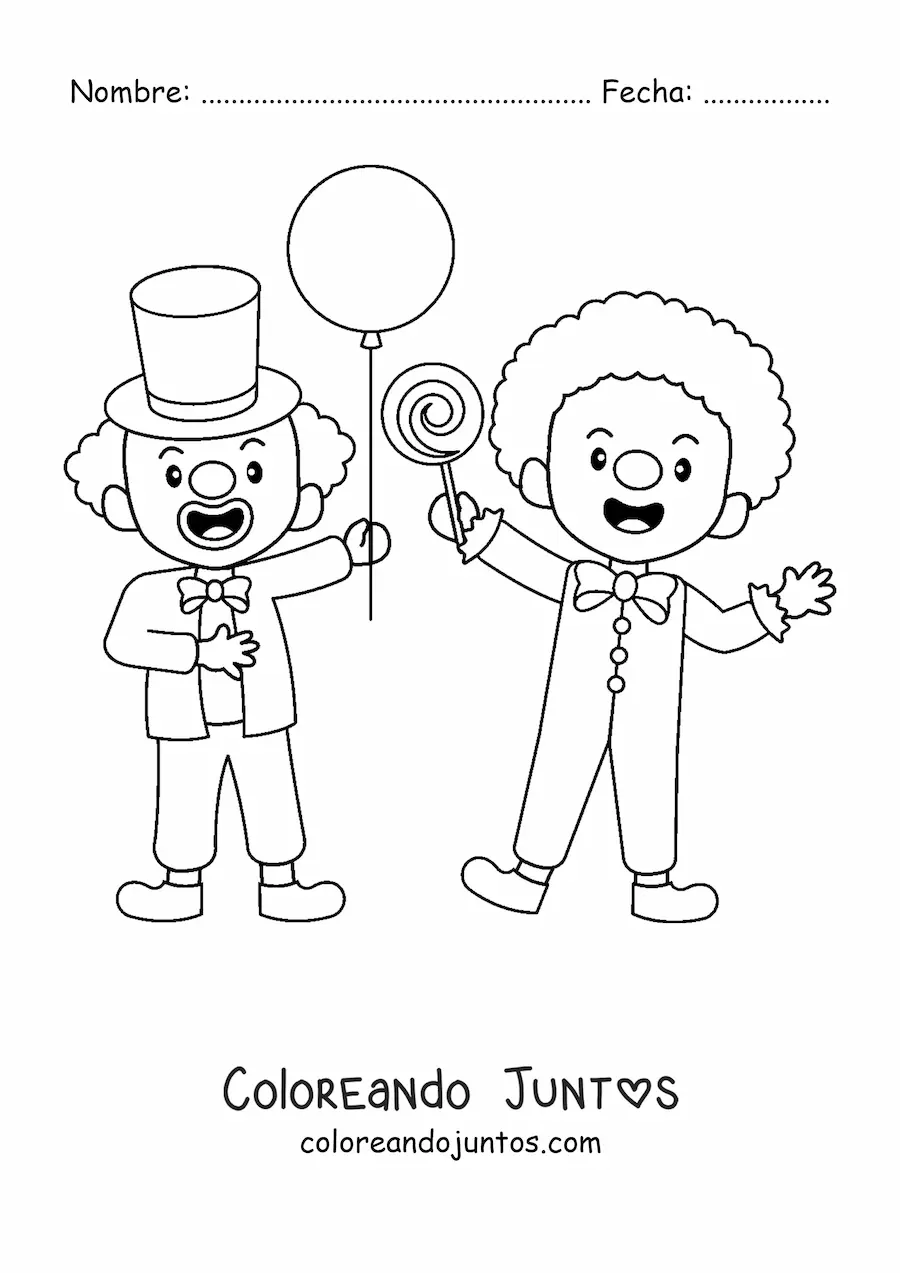 Imagen para colorear de dos payasos con una paleta y un globo