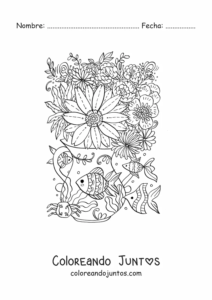 Imagen para colorear de jarrón con flores con peces kawaii