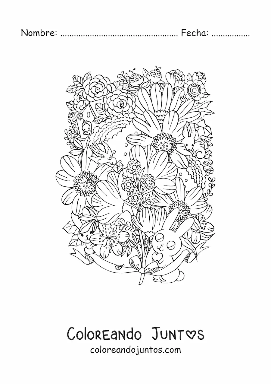 Imagen para colorear de flores con conejitos kawaii y animales