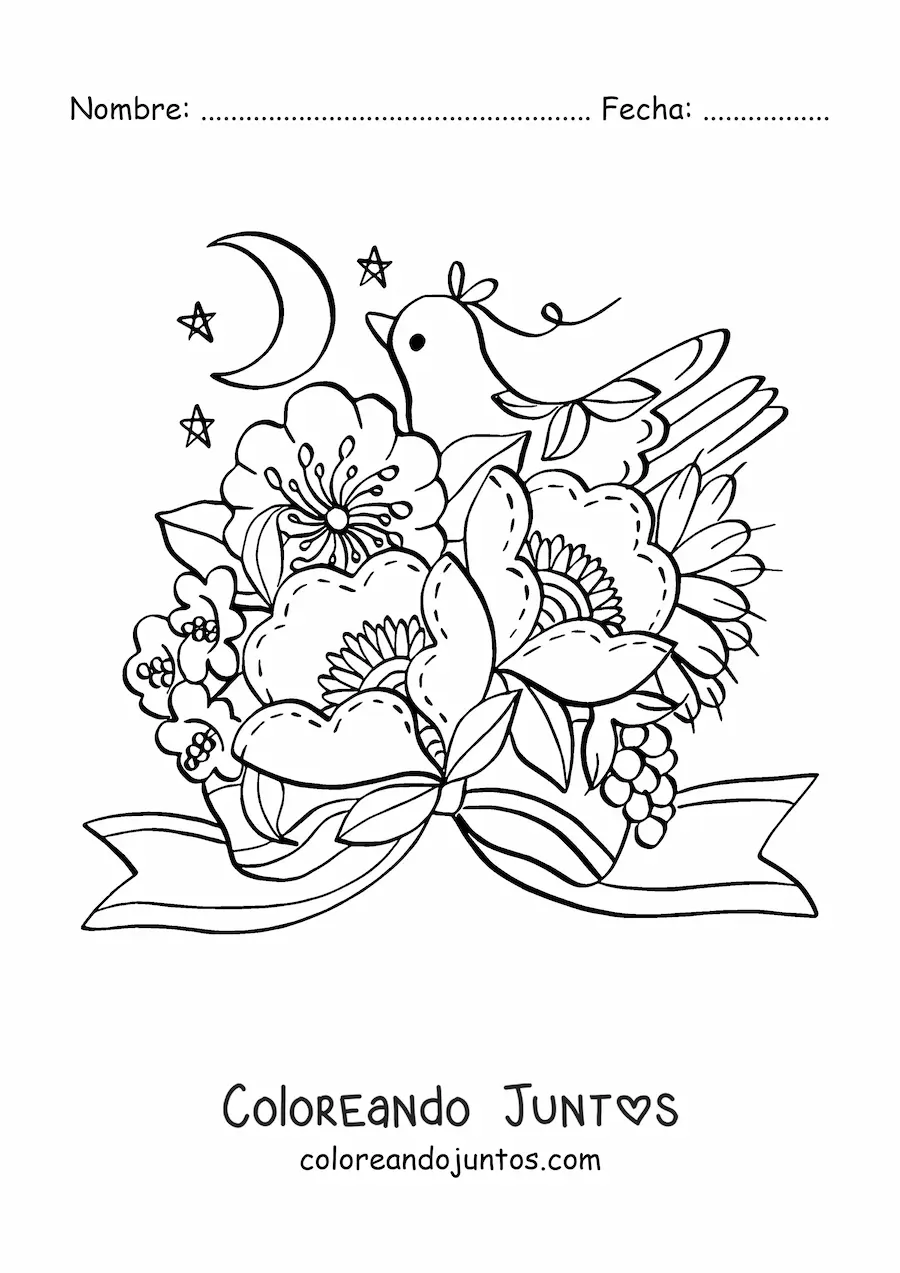 Imagen para colorear de flores hermosas con paloma kawaii y la Luna