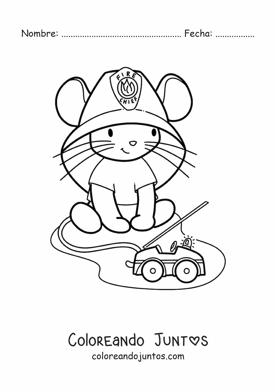 Imagen para colorear de niña ratón kawaii animado jugando al bombero