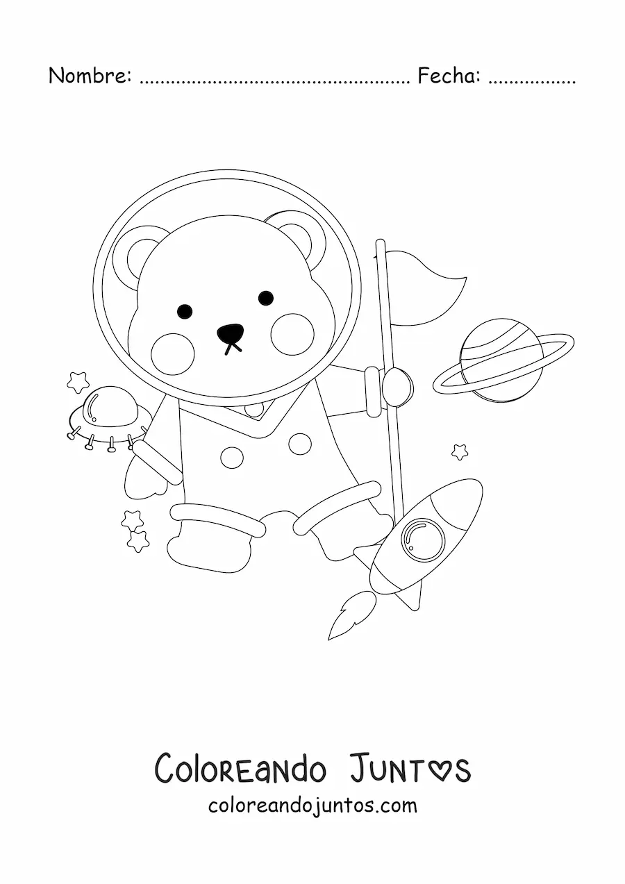 Imagen para colorear de oso astronauta animado en el espacio