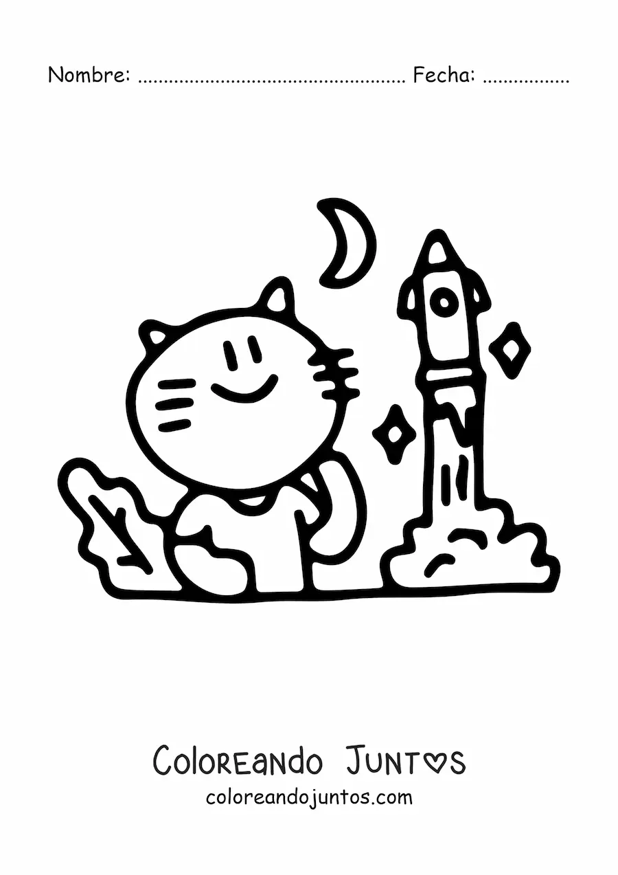 Imagen para colorear de gato kawaii estudiando un cohete