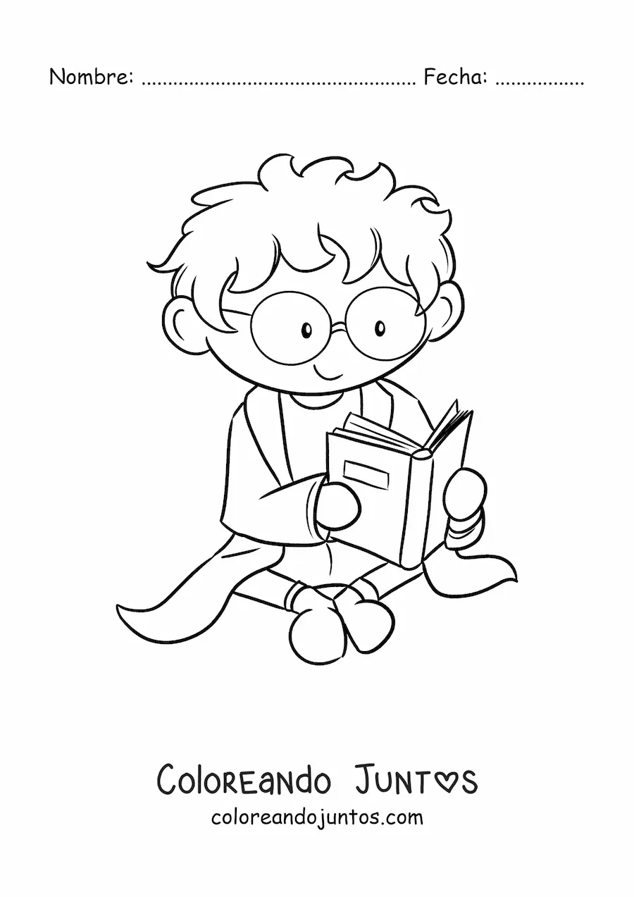 Imagen para colorear de científico kawaii sentado leyendo un libro de ciencias