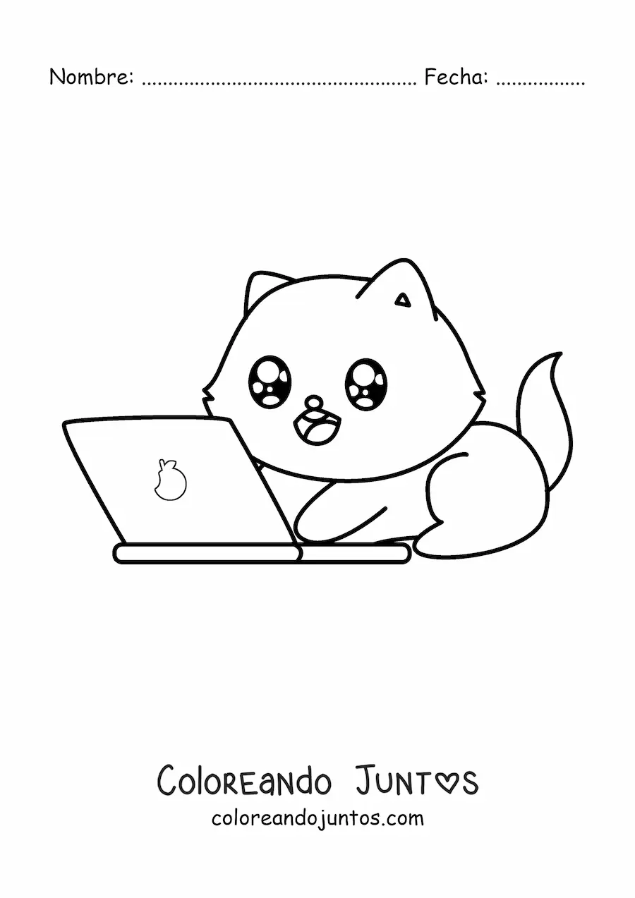 Imagen para colorear de gato kawaii usando un ordenador portátil