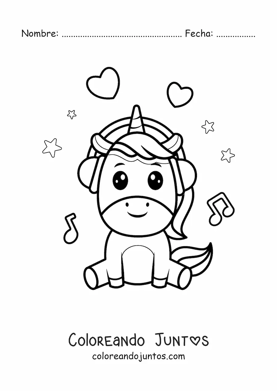 Imagen para colorear de unicornio kawaii sentado escuchando música con audífonos
