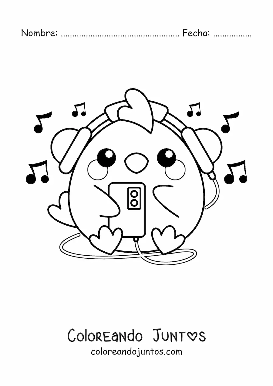 Imagen para colorear de pollito kawaii escuchando música del teléfono