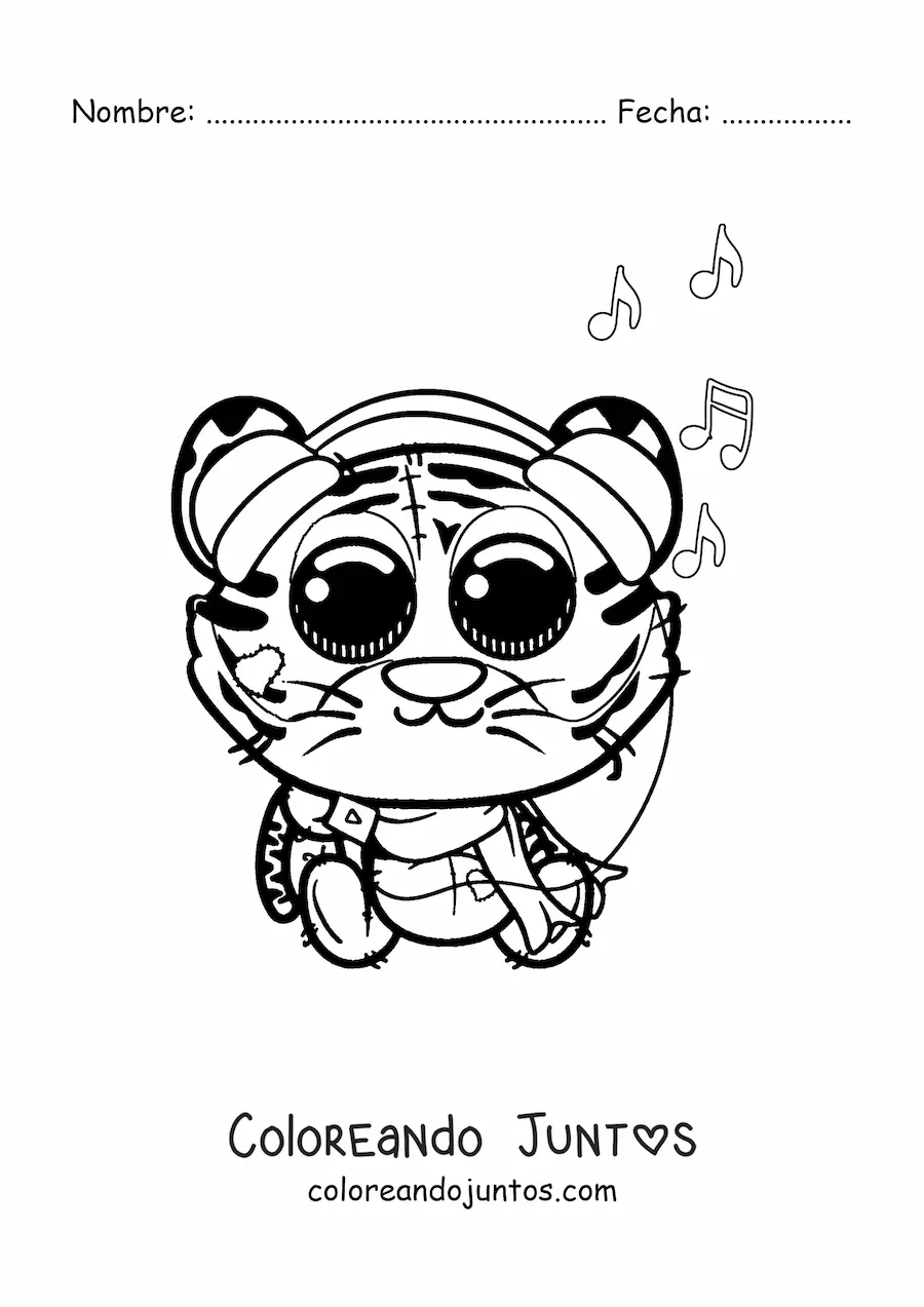 Imagen para colorear de tigre kawaii escuchando música de un reproductor portátil