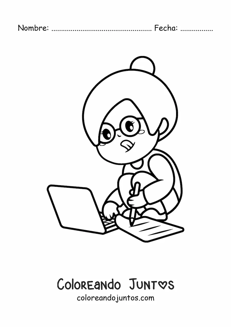 Imagen para colorear de chica kawaii haciendo tarea en su laptop