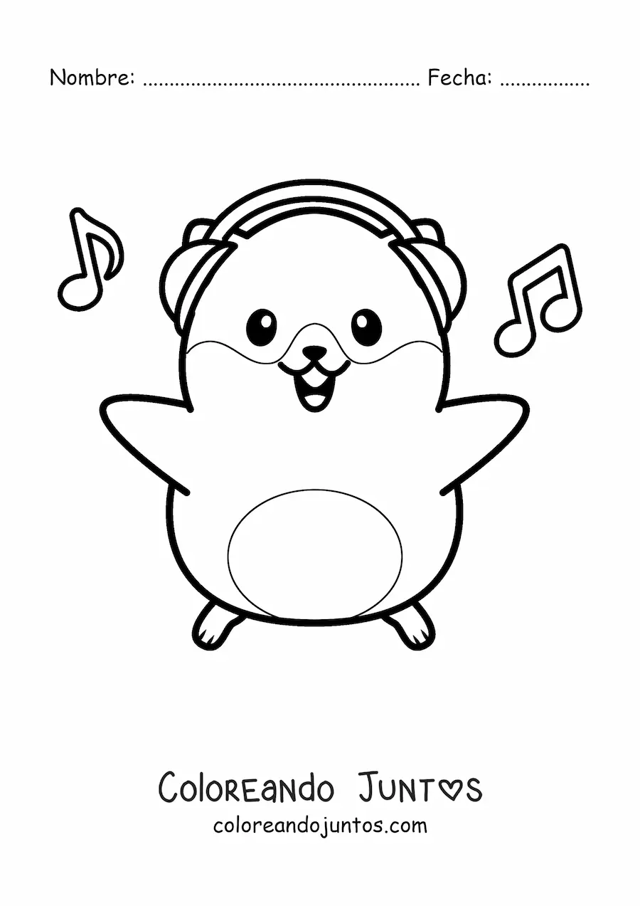 Imagen para colorear de hámster kawaii grande escuchando música con audífonos