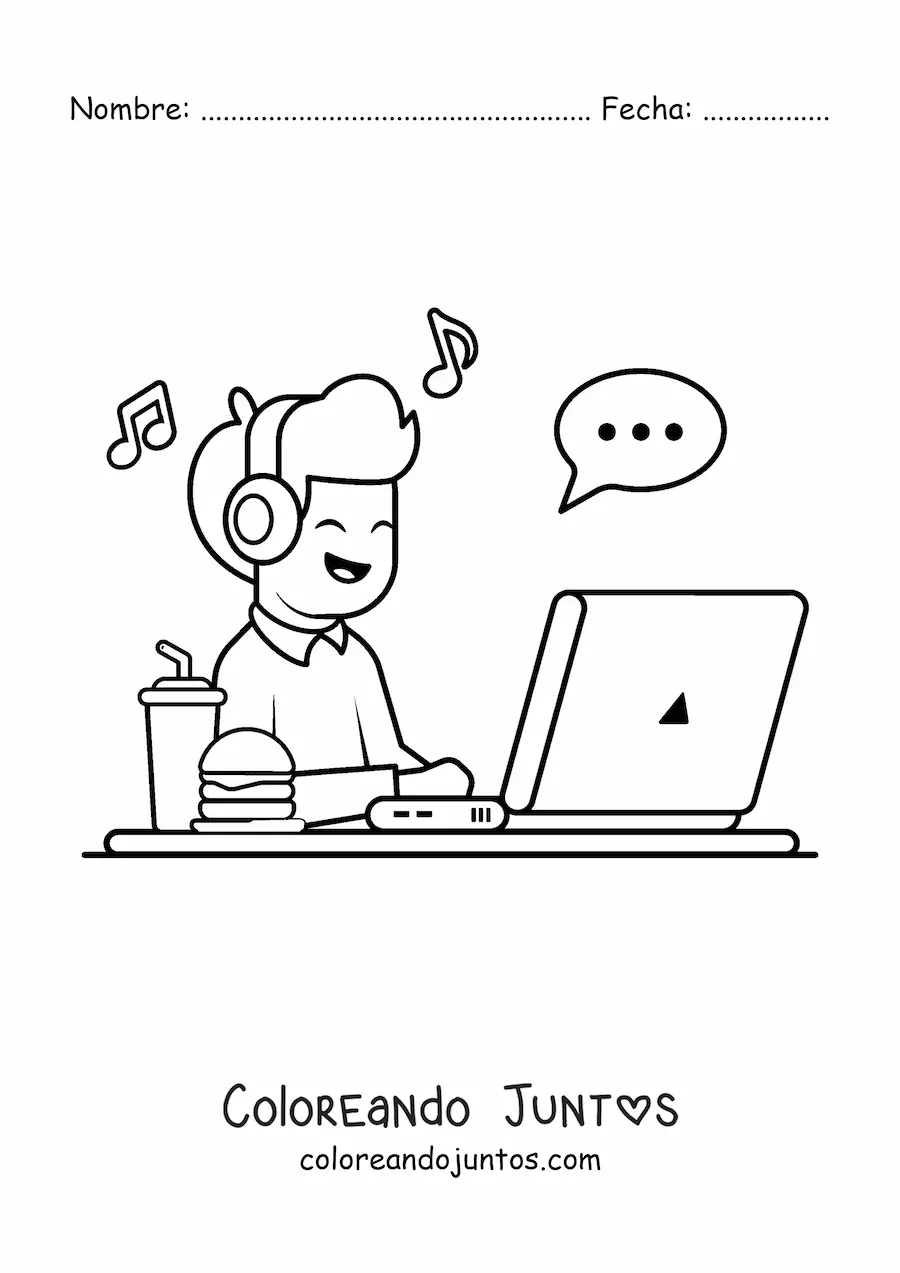 Imagen para colorear de chico kawaii escuchando música de una laptop