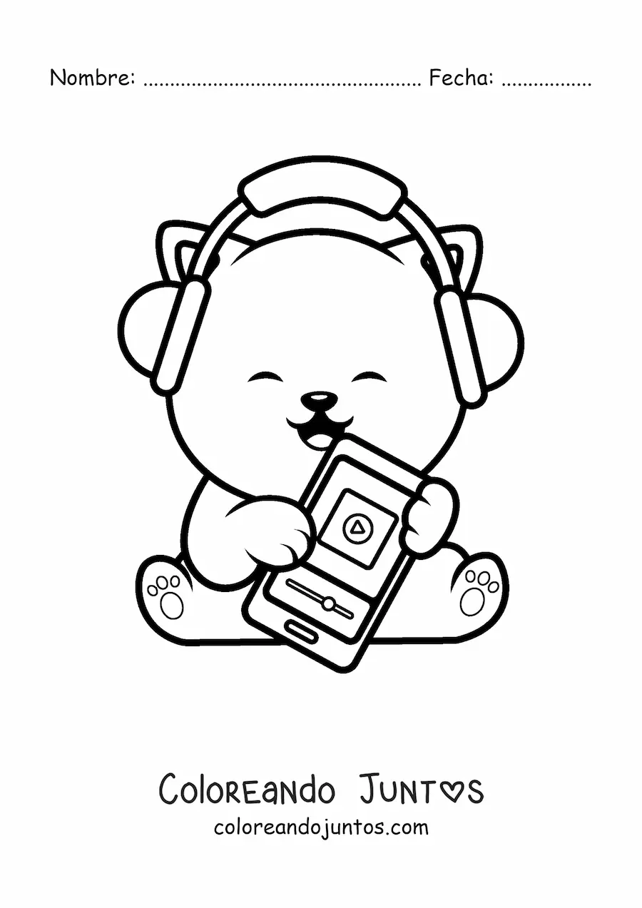 Imagen para colorear de gato kawaii escuchando música del teléfono inteligente