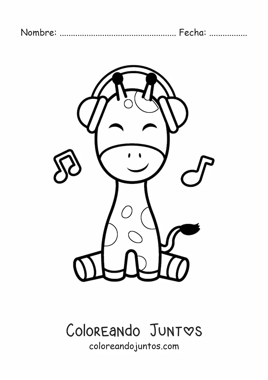 Imagen para colorear de jirafa kawaii sentada escuchando música con audífonos