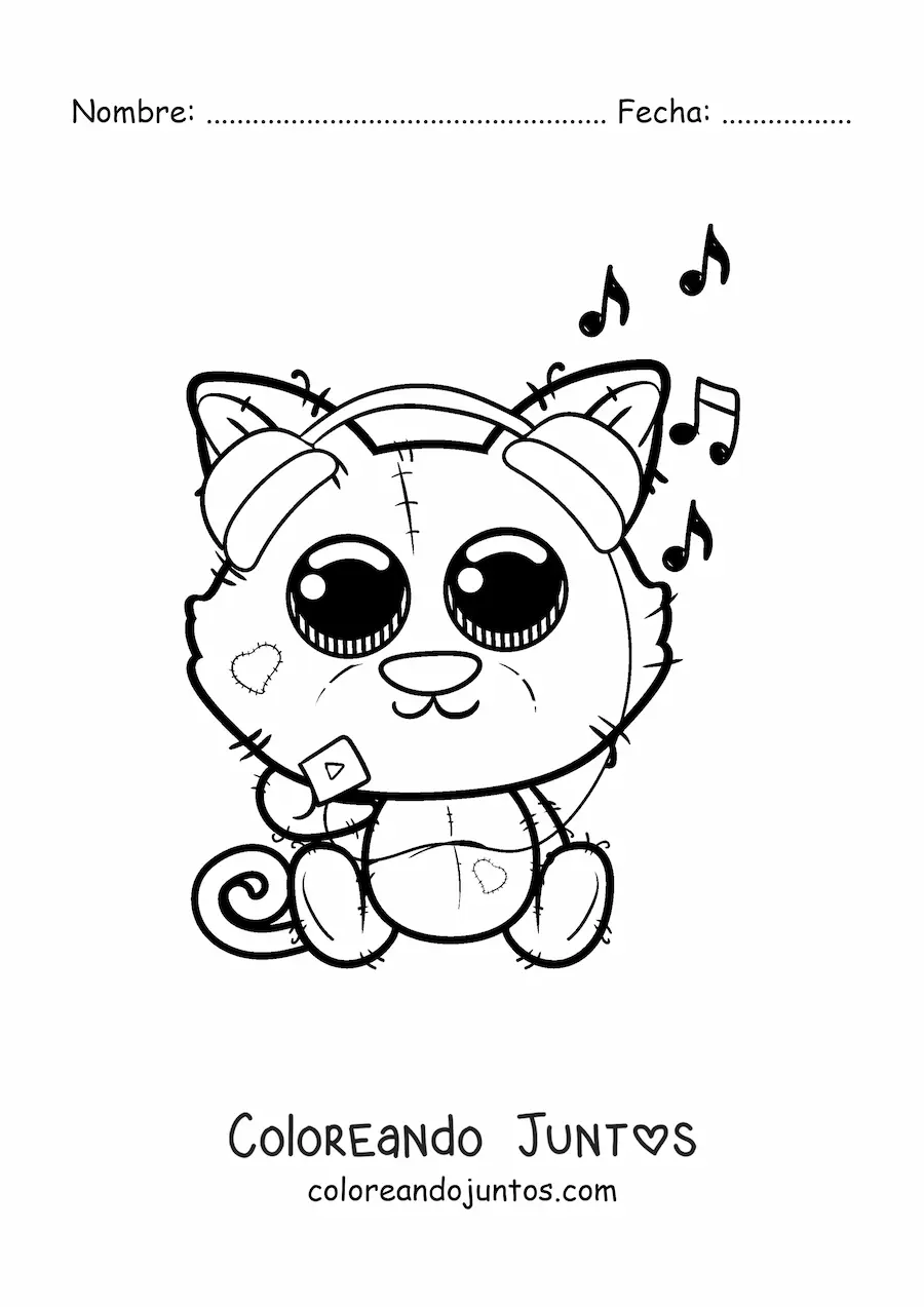Imagen para colorear de gato kawaii escuchando música de un reproductor portátil