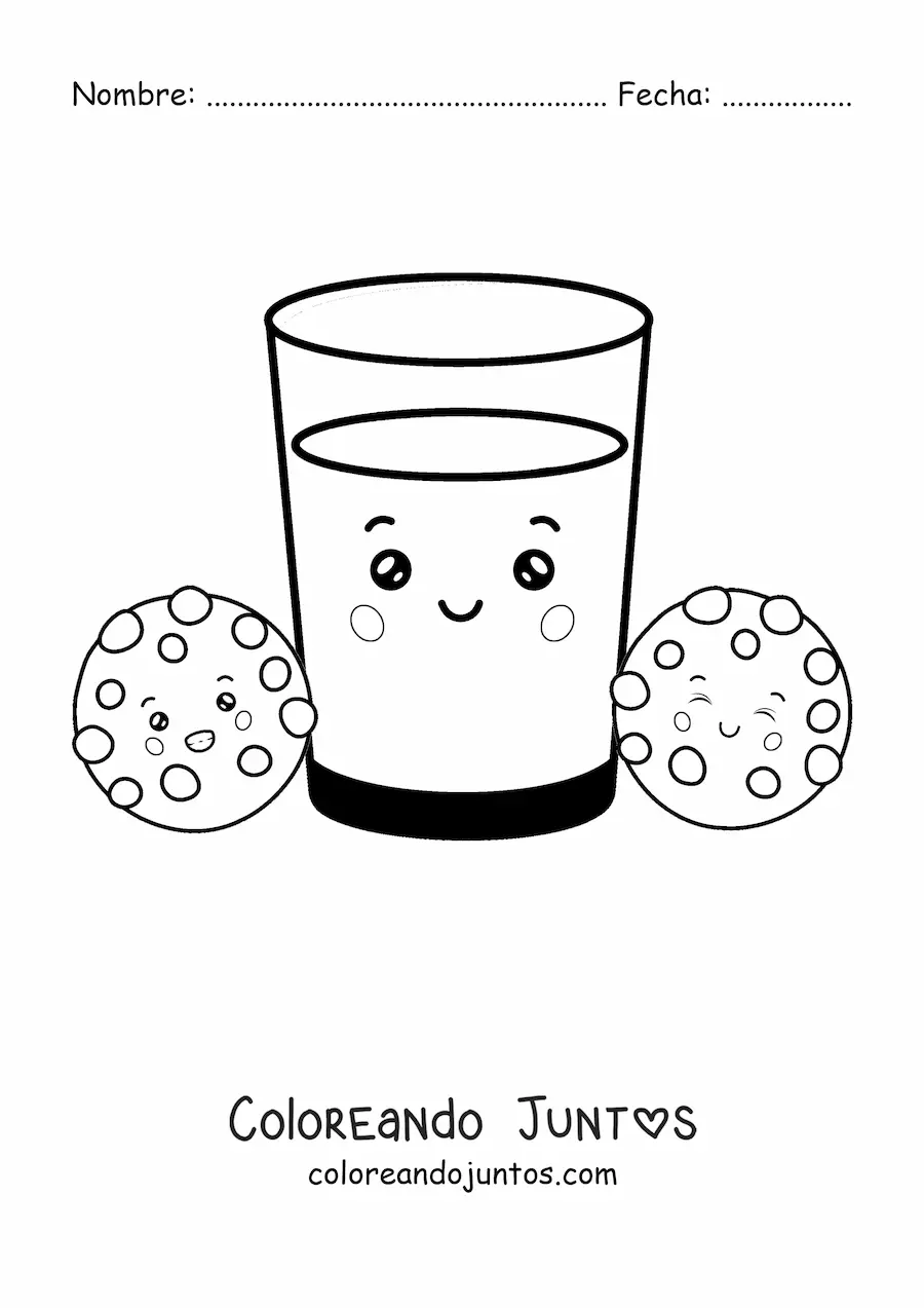Imagen para colorear de  un vaso de leche kawaiis y dos galletas a los lados