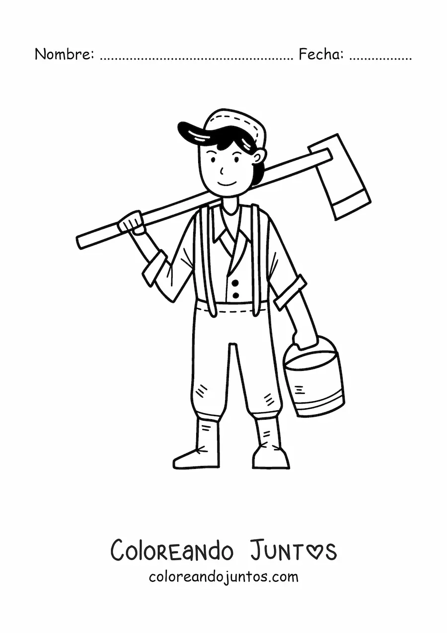 Imagen para colorear de chico granjero kawaii con un balde y una pala