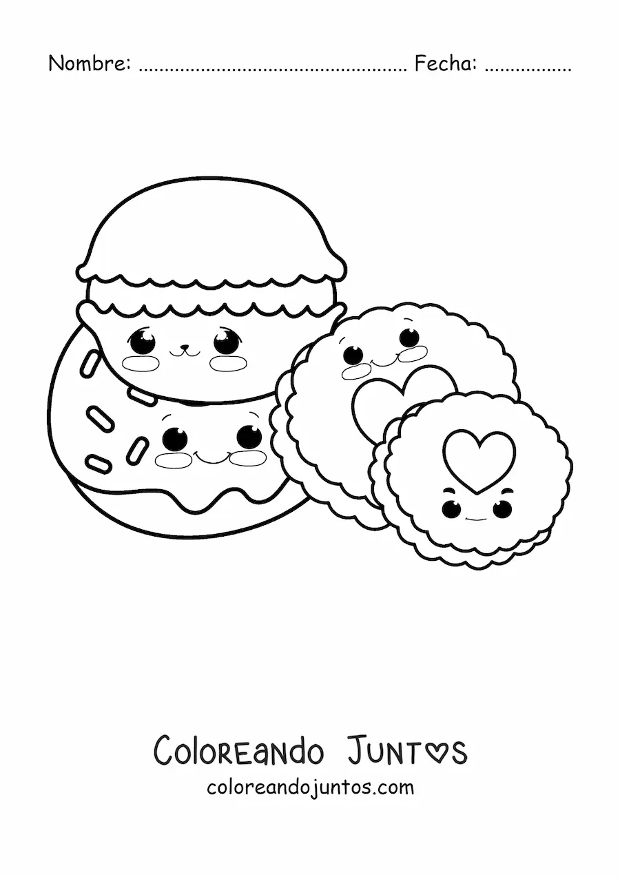 Imagen para colorear de dos galletas kawaiis rellenas y dos con un corazón en el centro