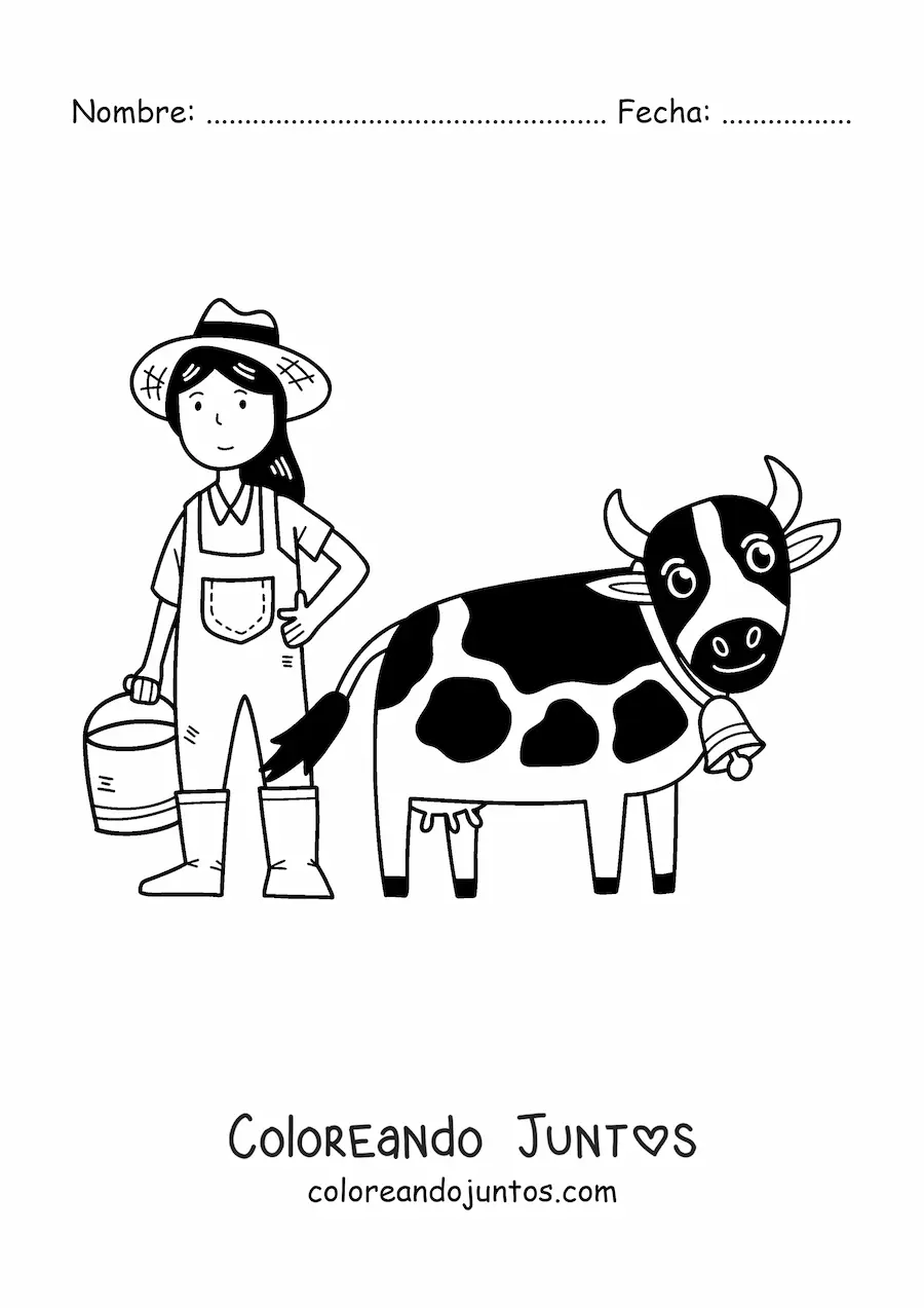 Imagen para colorear de chica granjera kawaii ordeñando una vaca