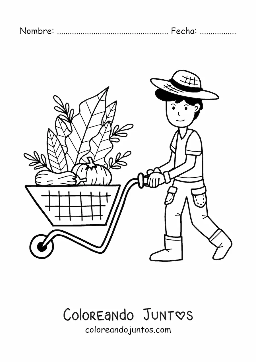 Imagen para colorear de chico granjero kawaii llevando una carreta con vegetales cosechados