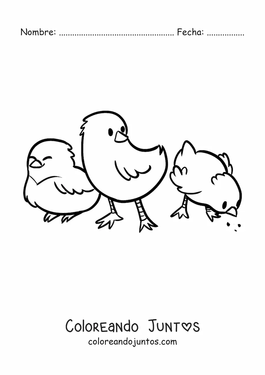 Imagen para colorear de 3 pollitos kawaii comiendo