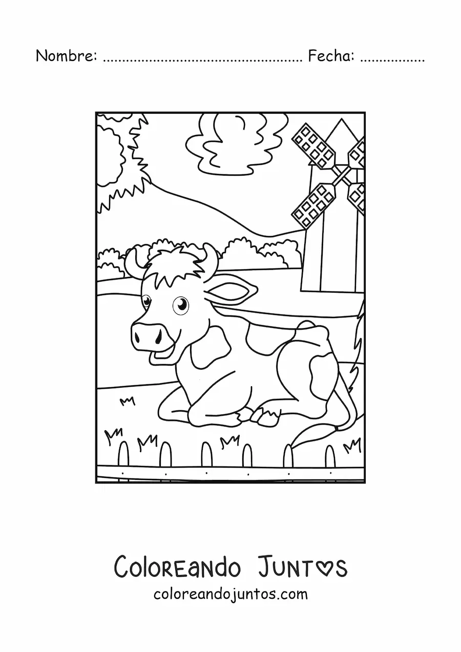 Imagen para colorear de vaca animada en la granja