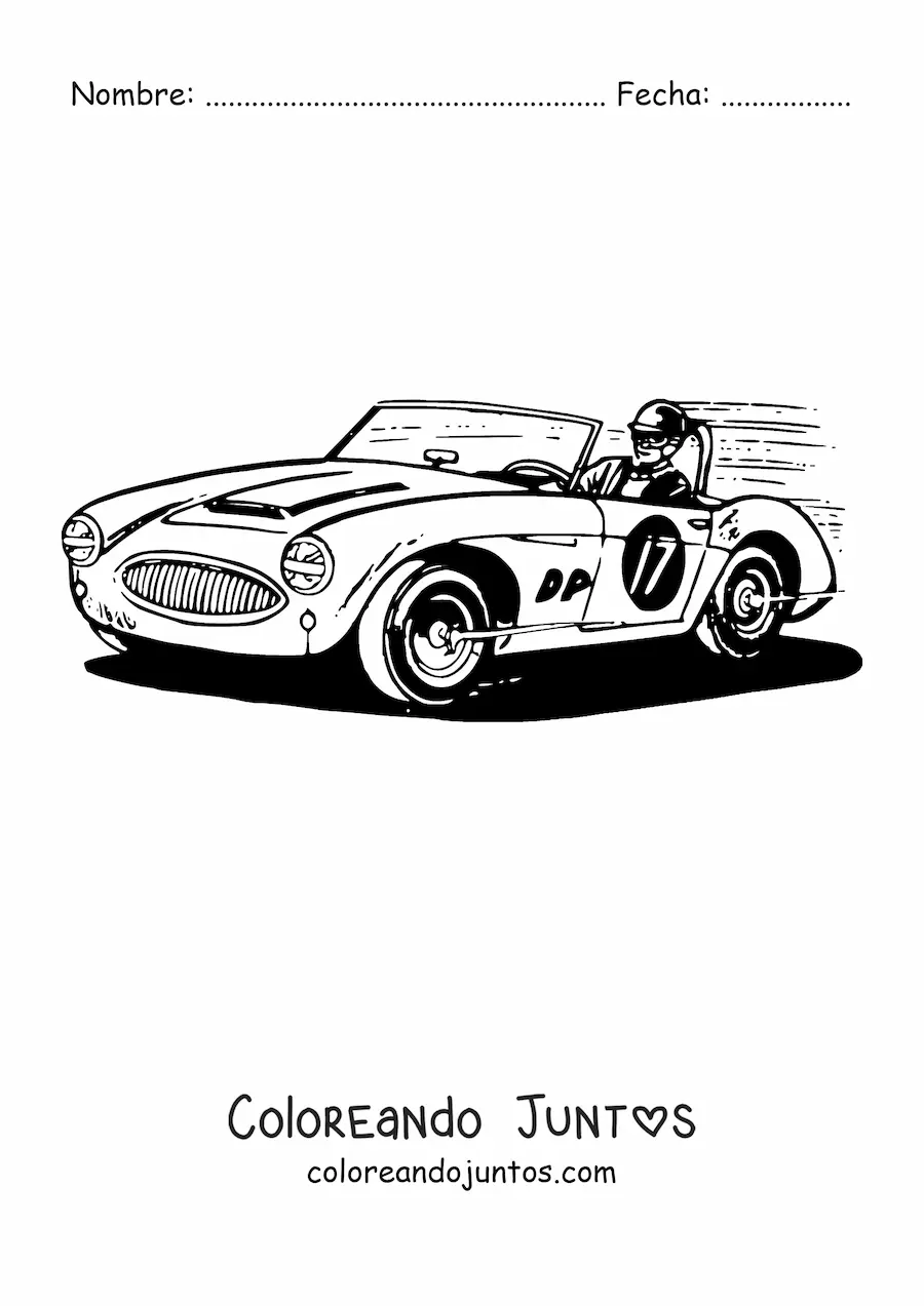 Imagen para colorear de un auto de carreras que dice '17' con piloto a toda velocidad