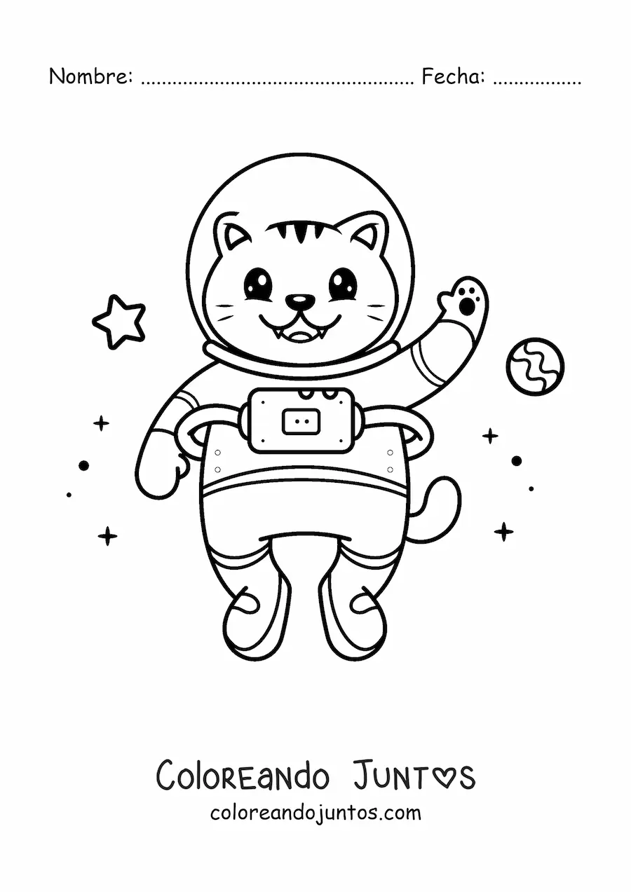 Imagen para colorear de gato astronauta animado kawaii en el espacio