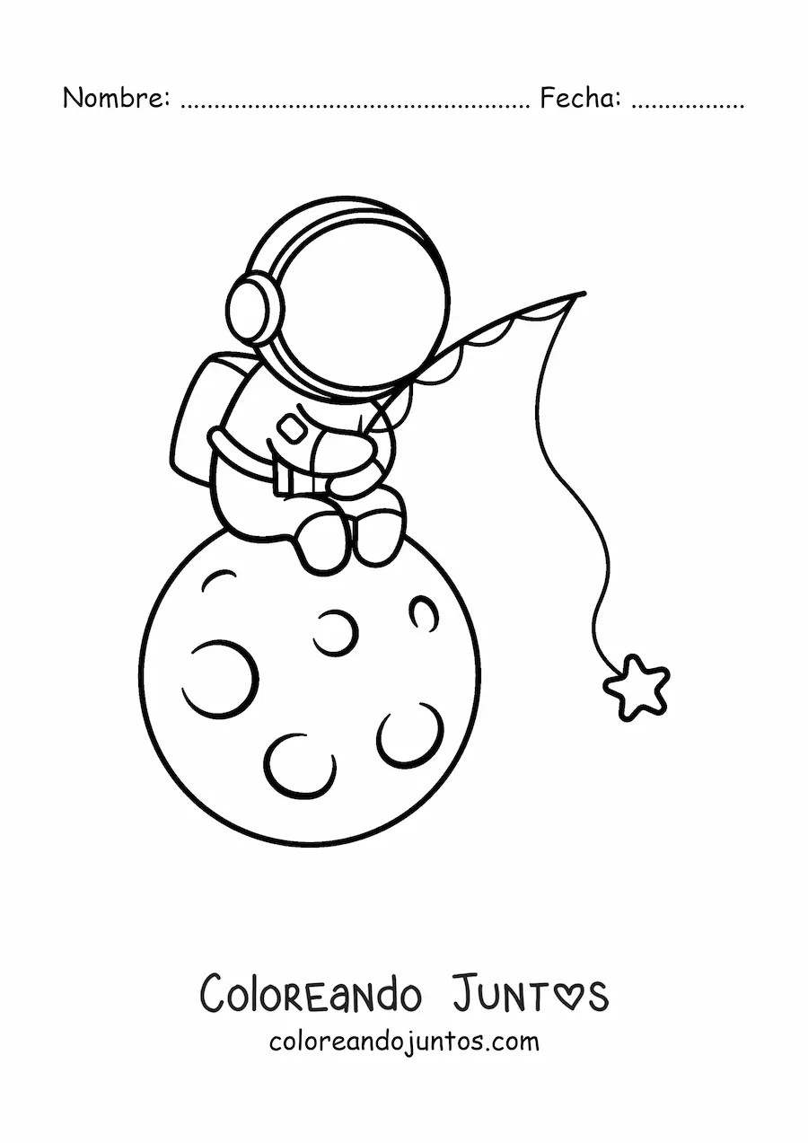 Imagen para colorear de astronauta kawaii sentado en la Luna pescando estrellas