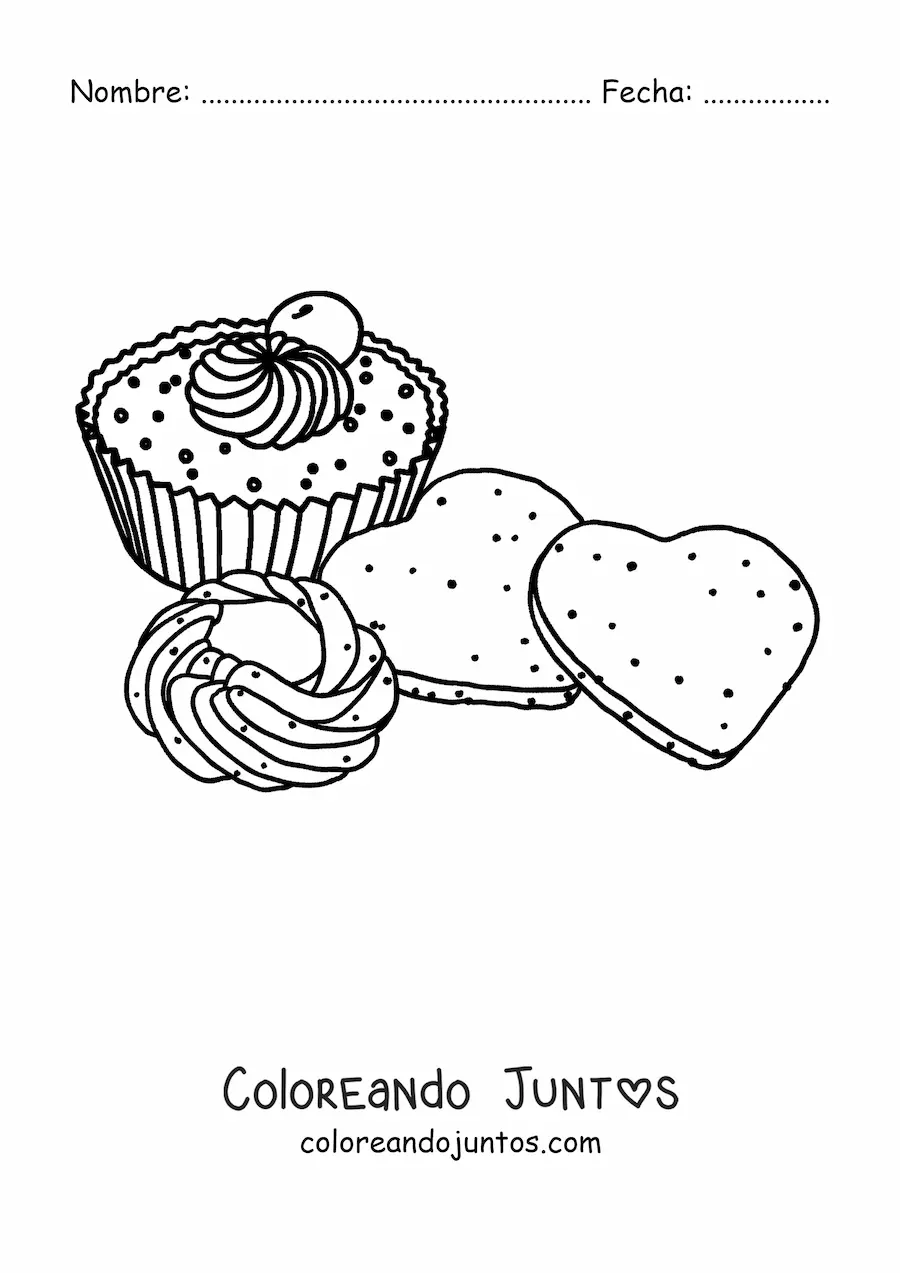 Imagen para colorear de dos galletas con forma de corazón y un cupcake