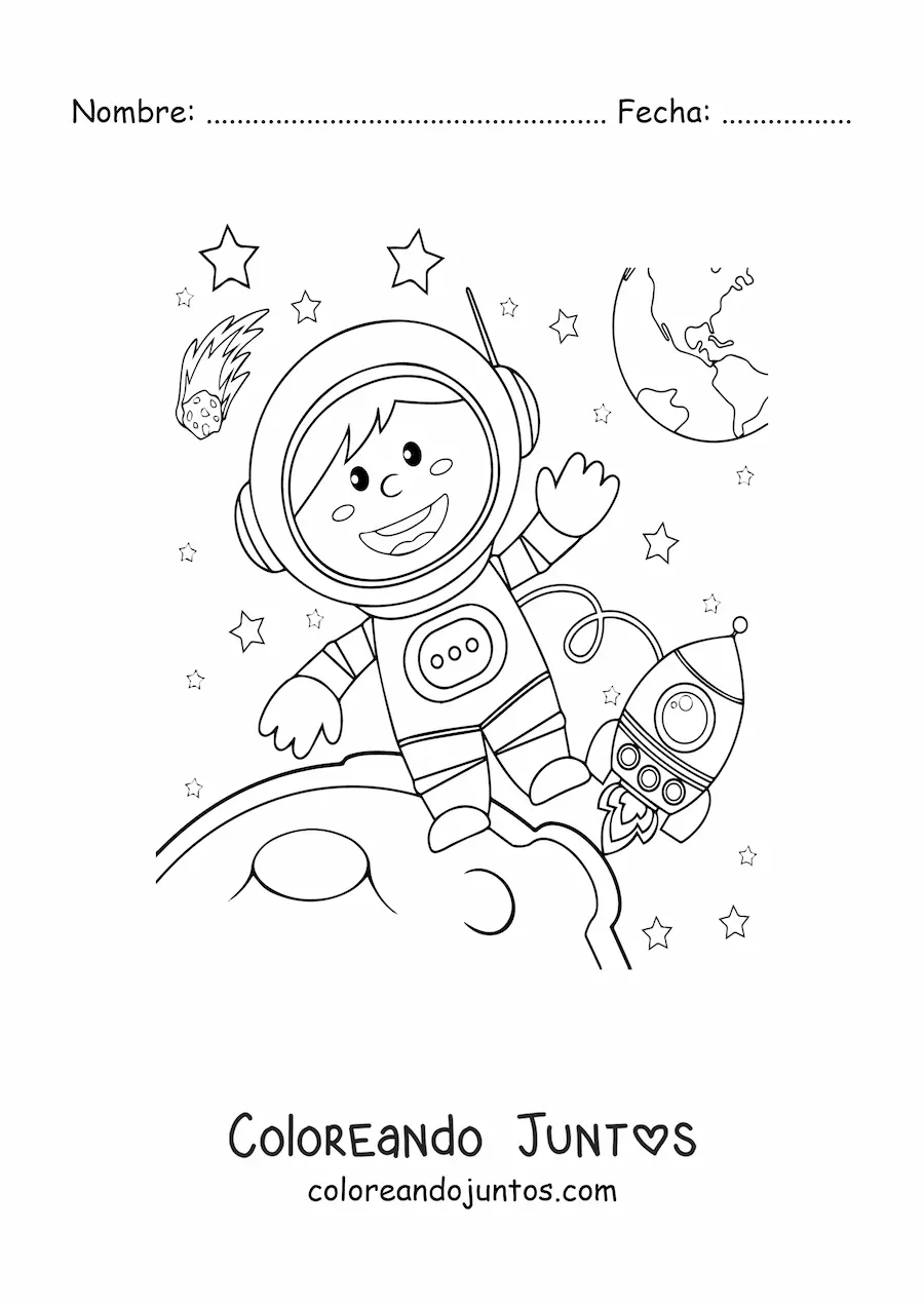 Imagen para colorear de astronauta con Luna y estrellas