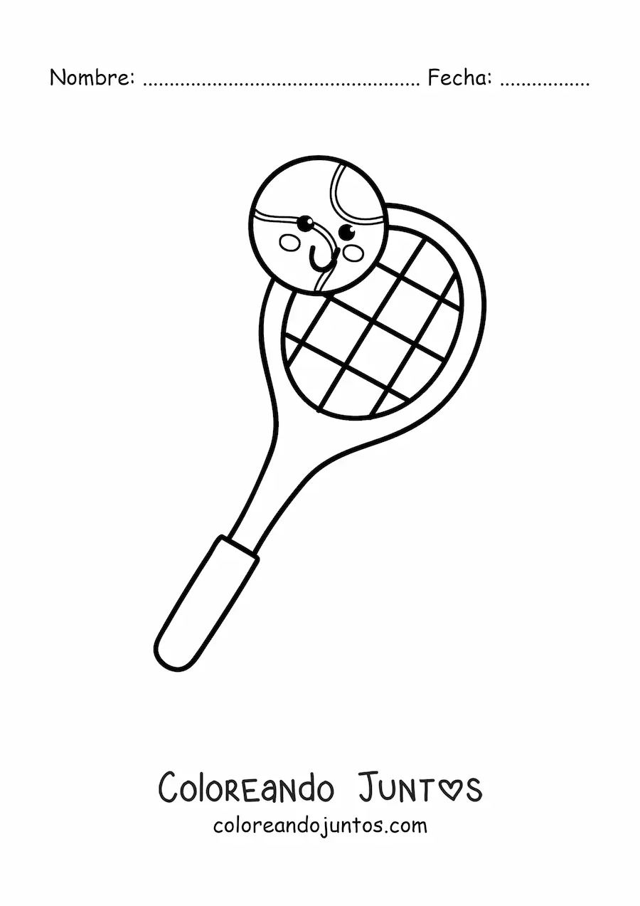 Imagen para colorear de raqueta y pelota de tenis kawaii