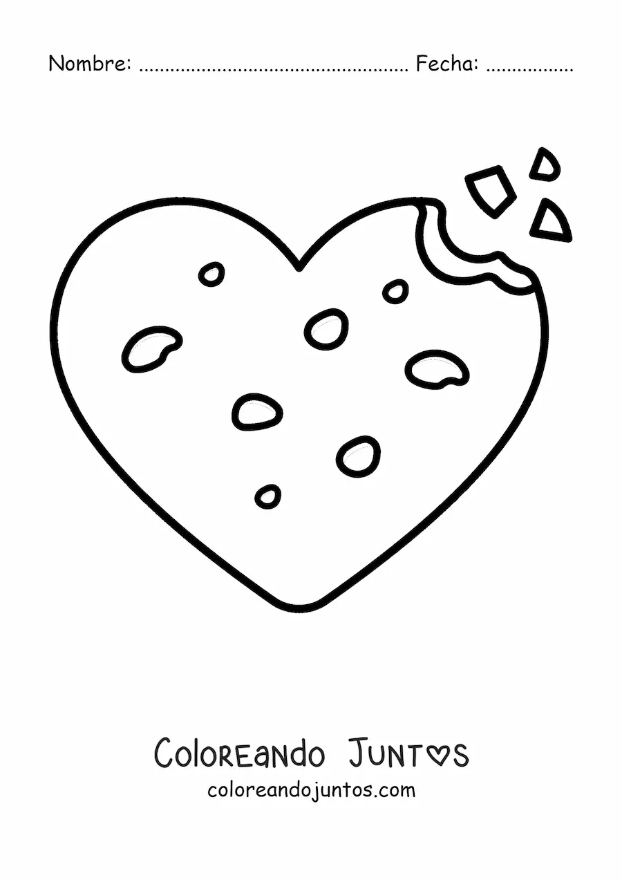 Imagen para colorear de una galleta de chispas de chocolate con forma de corazón mordida