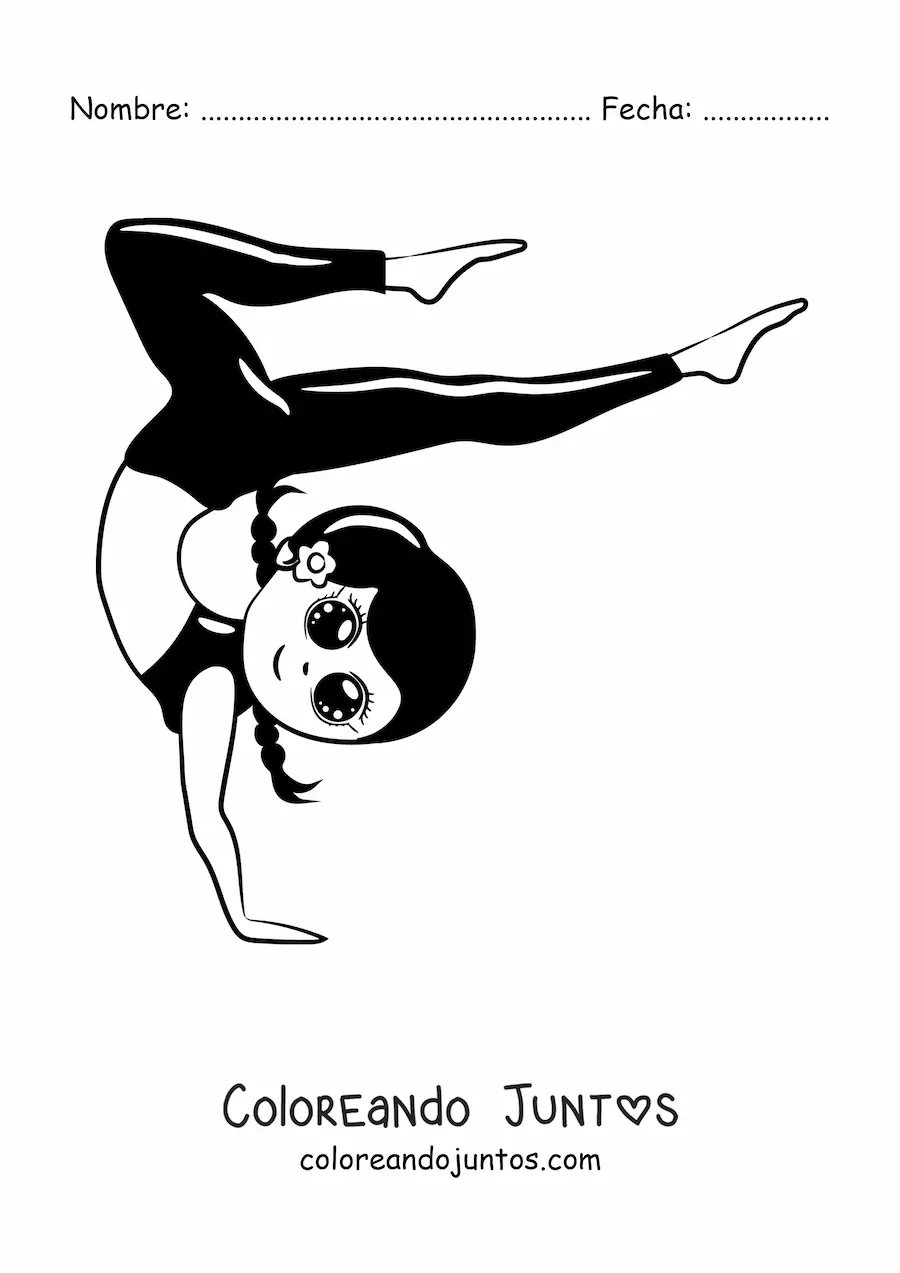 Imagen para colorear de niña kawaii haciendo gimnasia rítmica