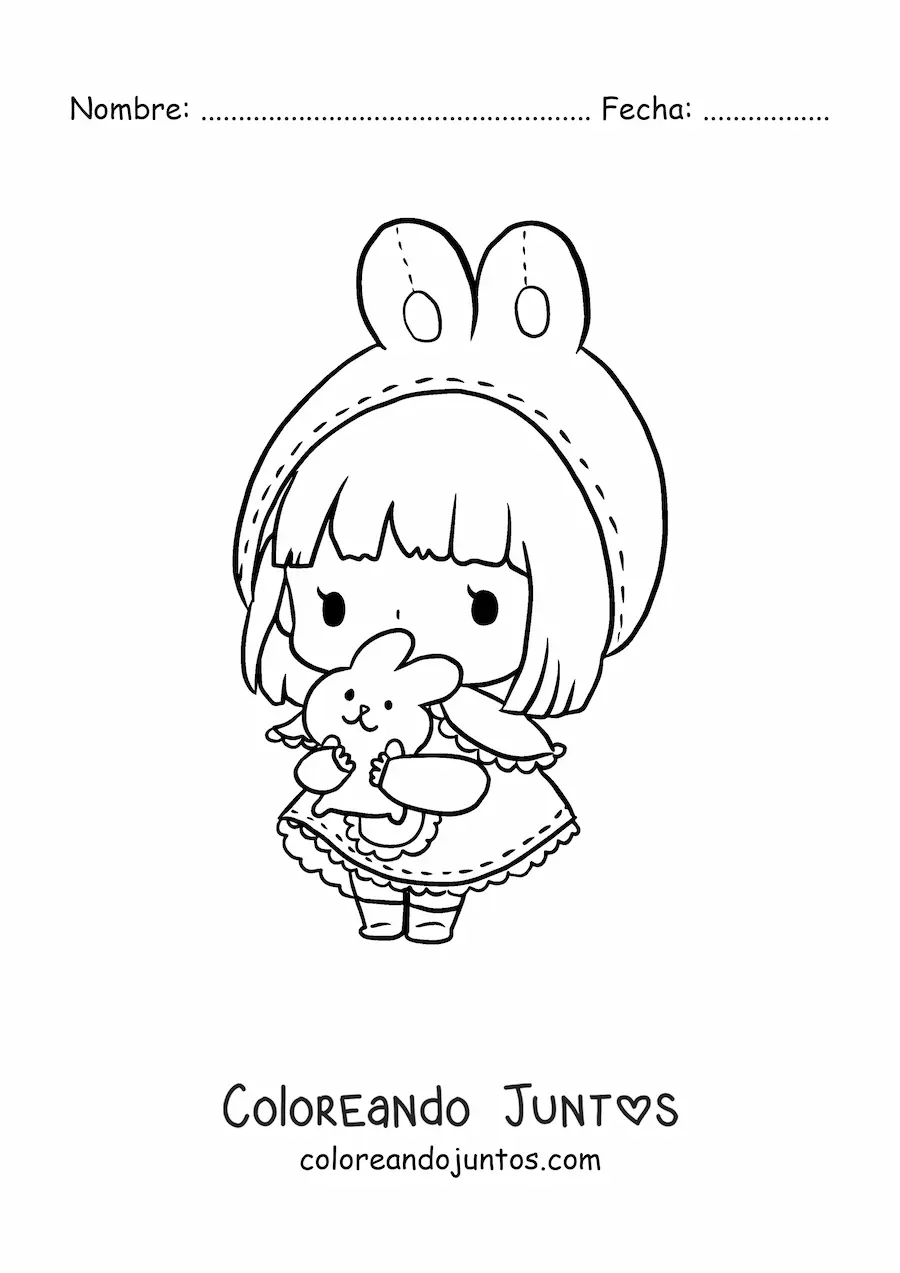 Imagen para colorear de muñeca kawaii con vestido de conejo