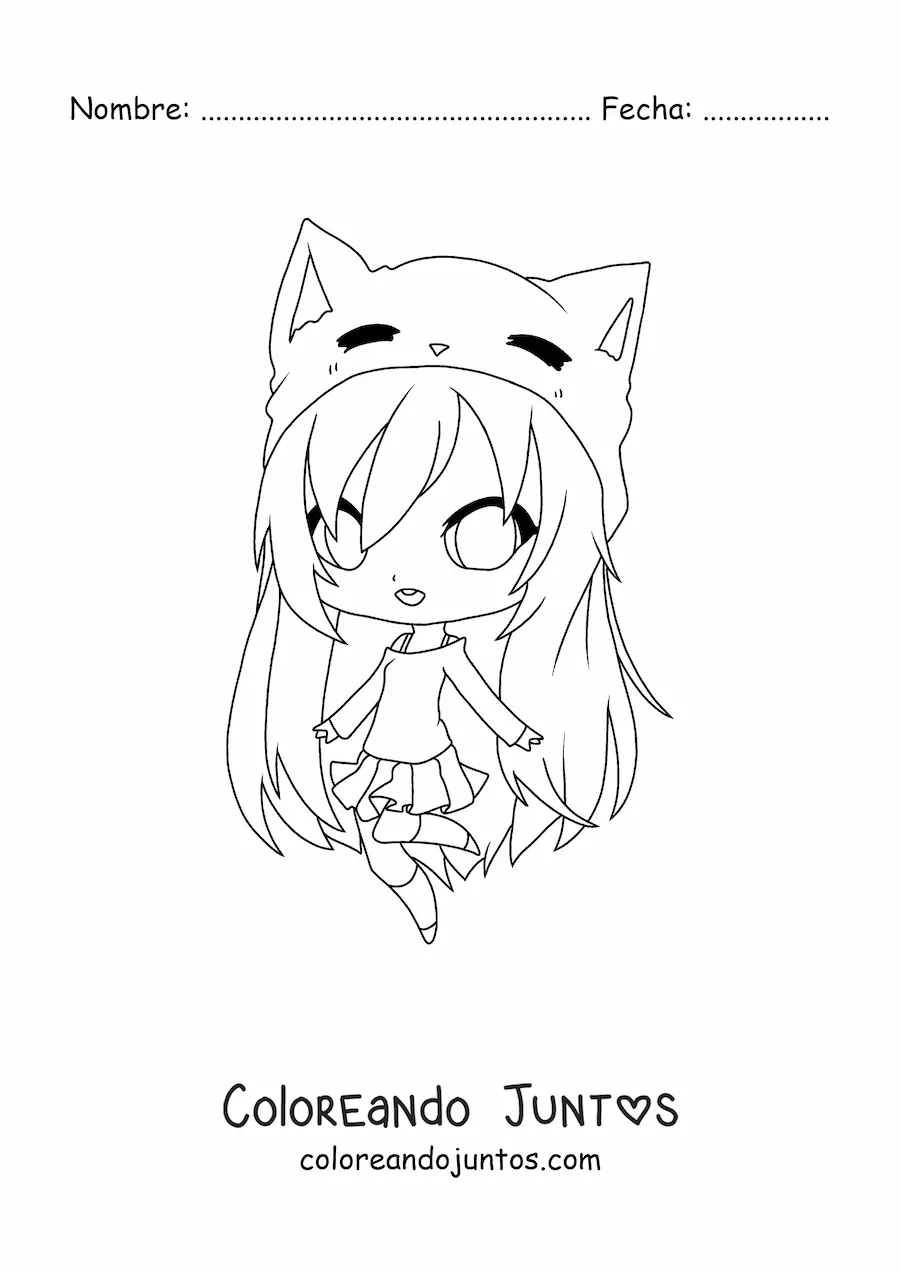 Imagen para colorear de niña kawaii anime con orejas de gato