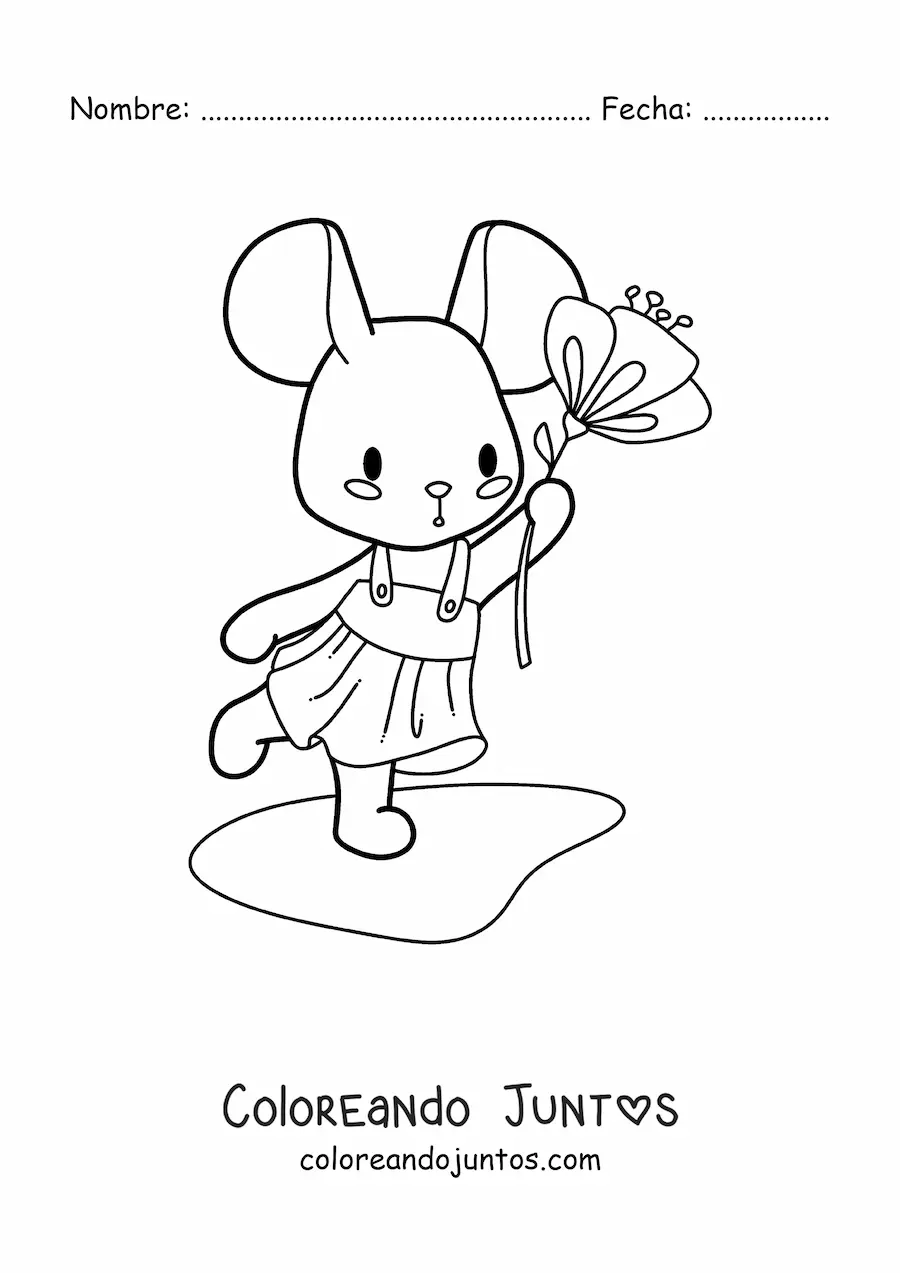 Imagen para colorear de ratoncita kawaii animada con vestido y una flor