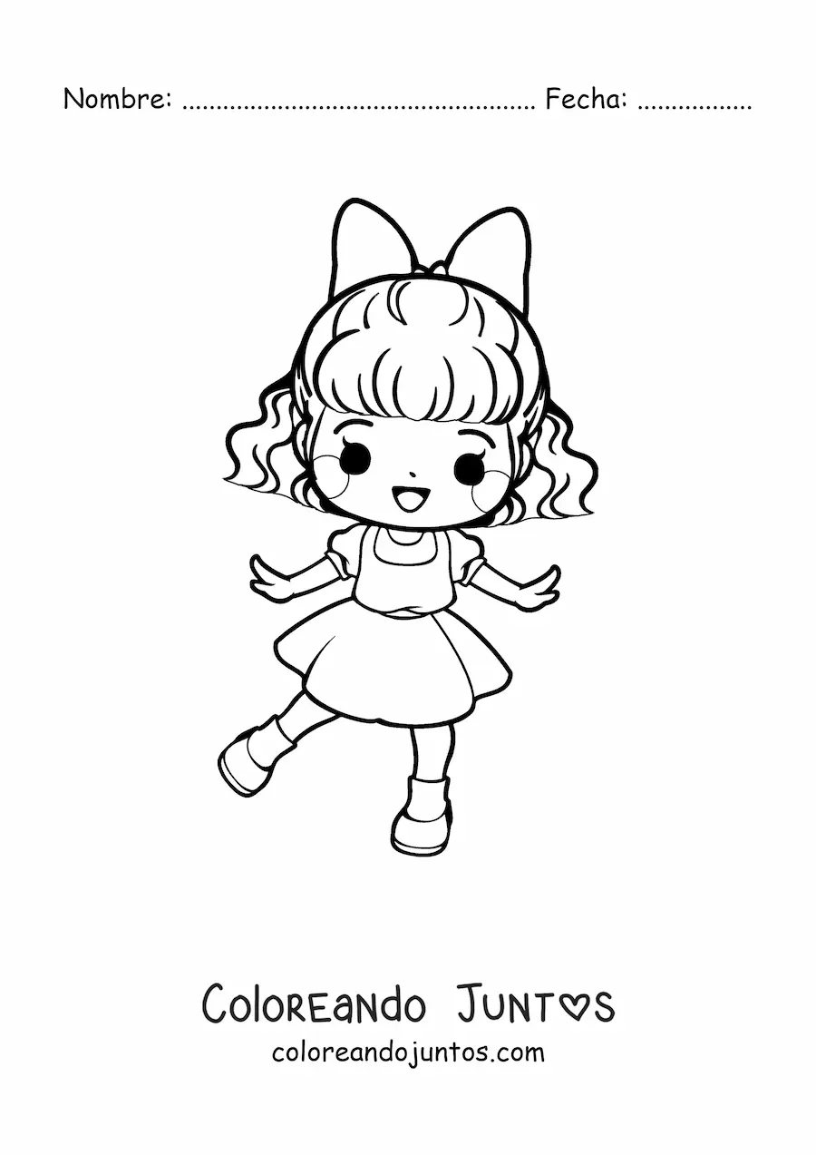 Imagen para colorear de niña kawaii animada con lazo y vestido elegante