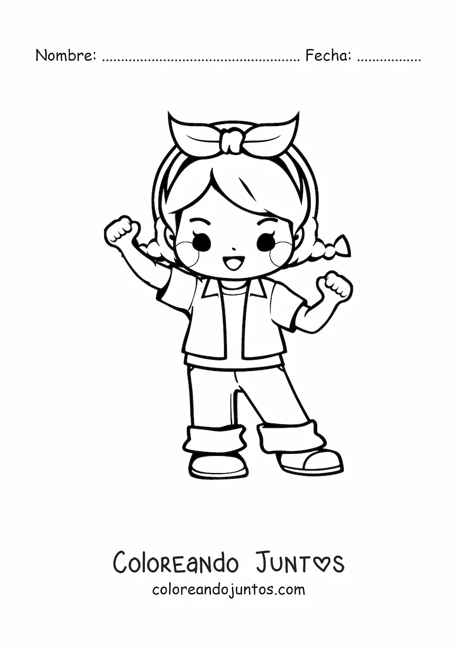 Imagen para colorear de niña kawaii animada con lazo y ropa casual