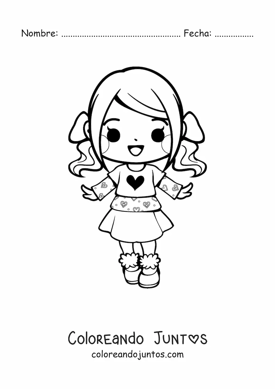 Imagen para colorear de niña kawaii animada con falda y coletas