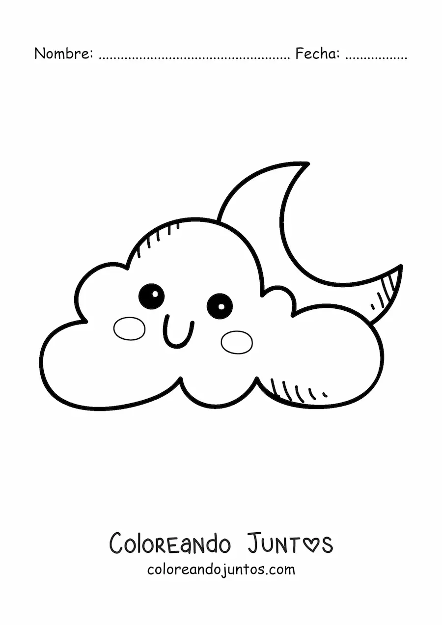 Imagen para colorear de nube kawaii animada y Luna