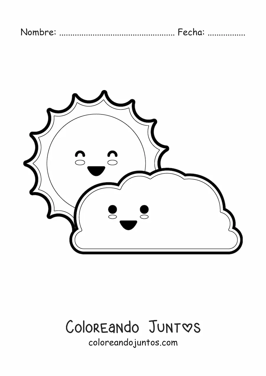 Imagen para colorear de nube kawaii animada y Sol