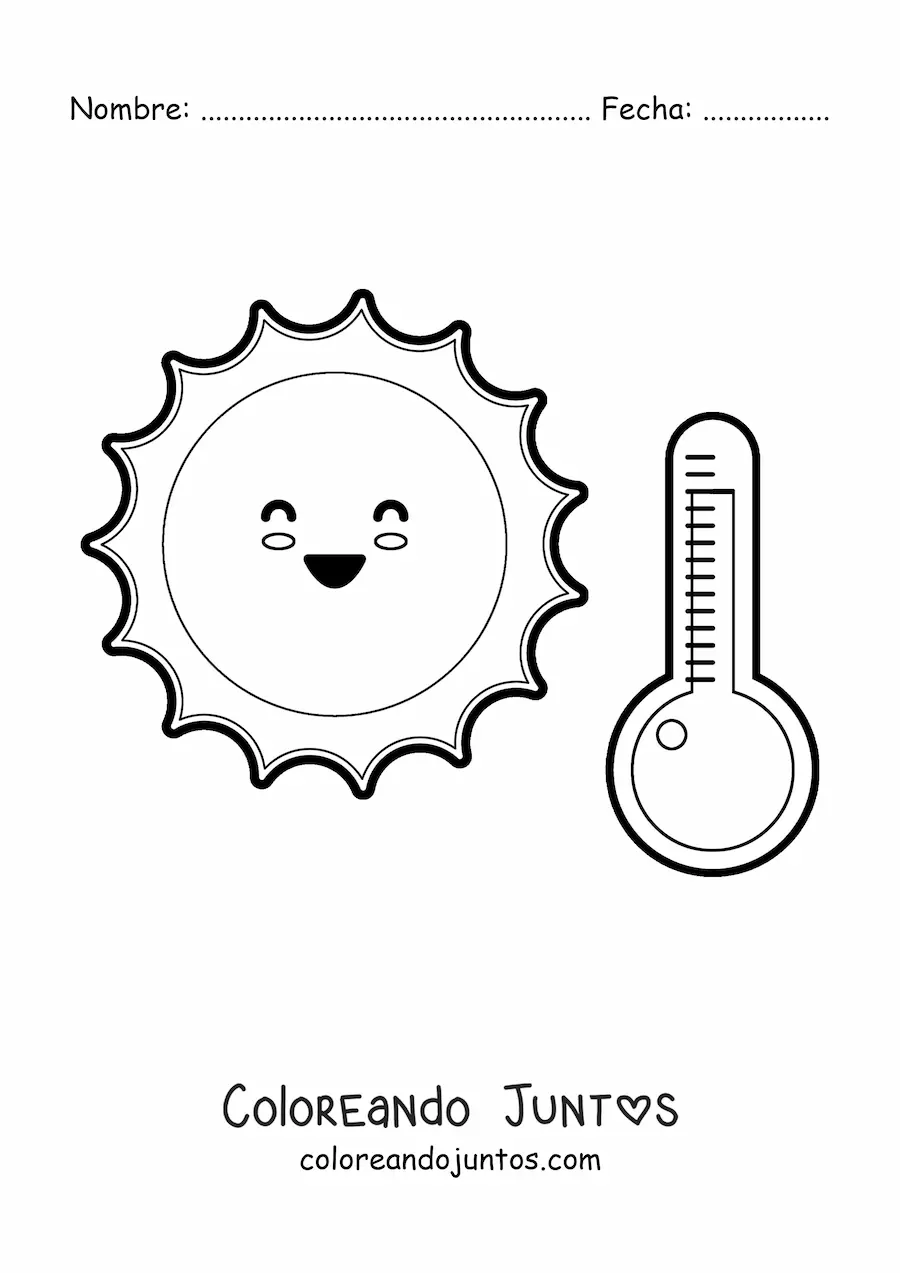 Imagen para colorear de Sol kawaii animado en un día caluroso con termómetro
