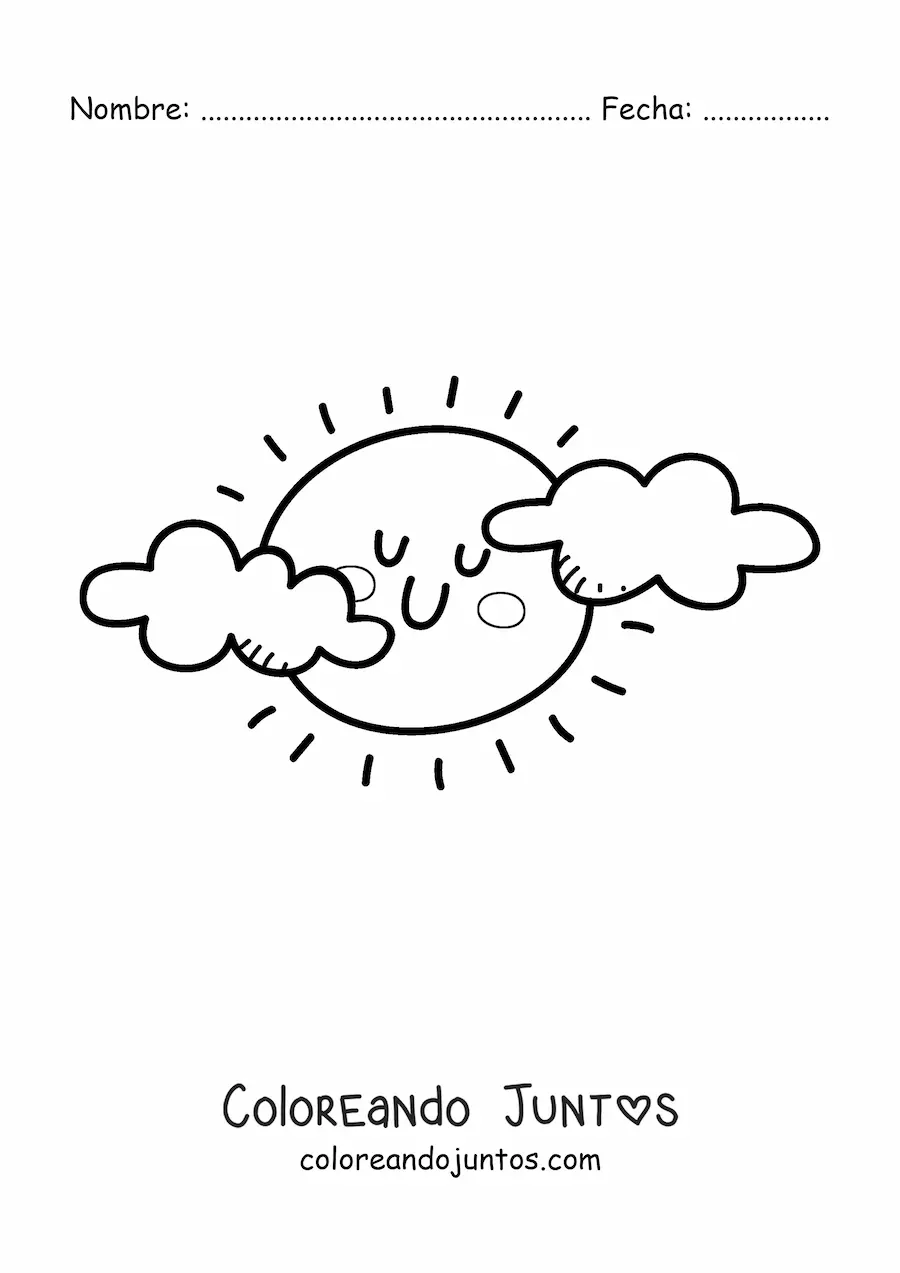 Imagen para colorear de Sol kawaii animado nublado