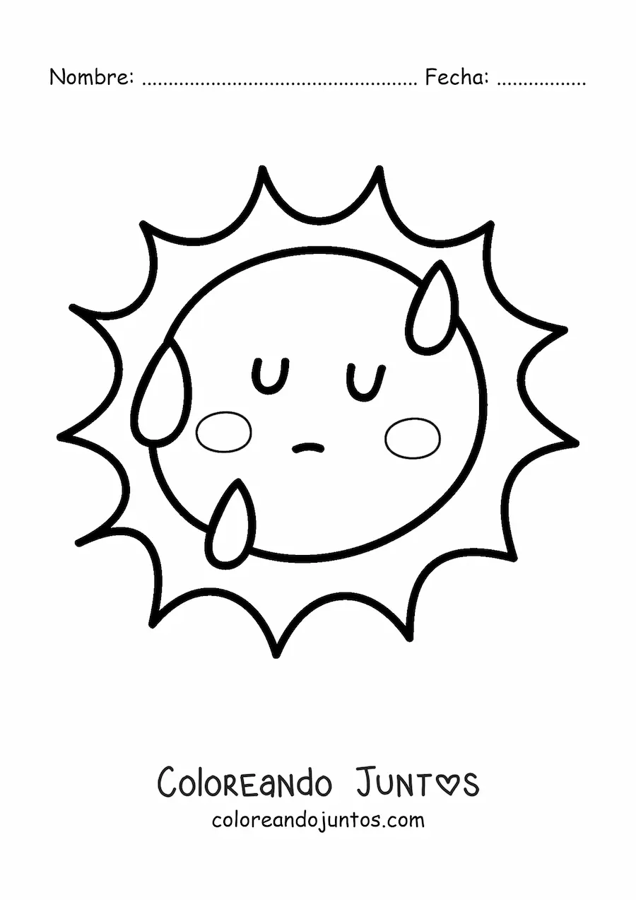 Imagen para colorear de Sol caluroso kawaii animado con gotas de sudor