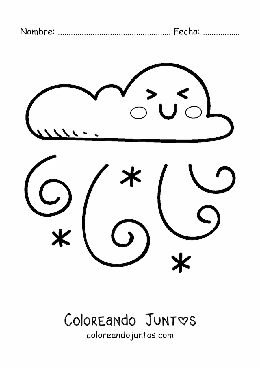 Imagen para colorear de nube kawaii animada con ráfaga de viento
