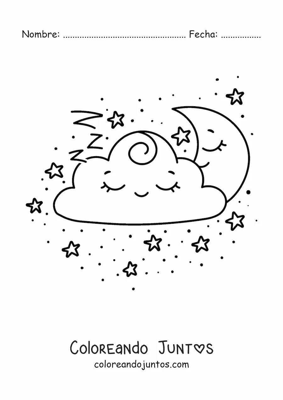 Imagen para colorear de nube kawaii durmiendo con Luna y estrellas
