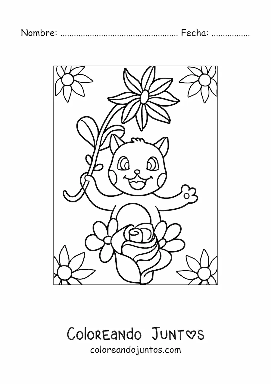 Imagen para colorear de gato animado kawaii con flores de primavera